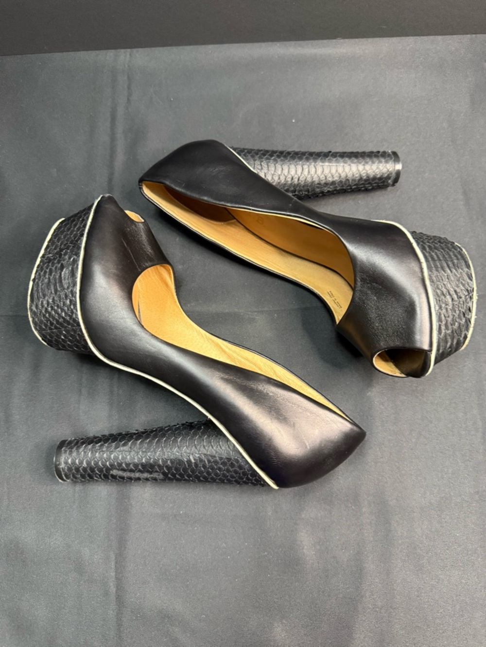LAMB Black Leather Platform Snake Ultra High Heel Peep Toe Pump - Picture 4 of 12